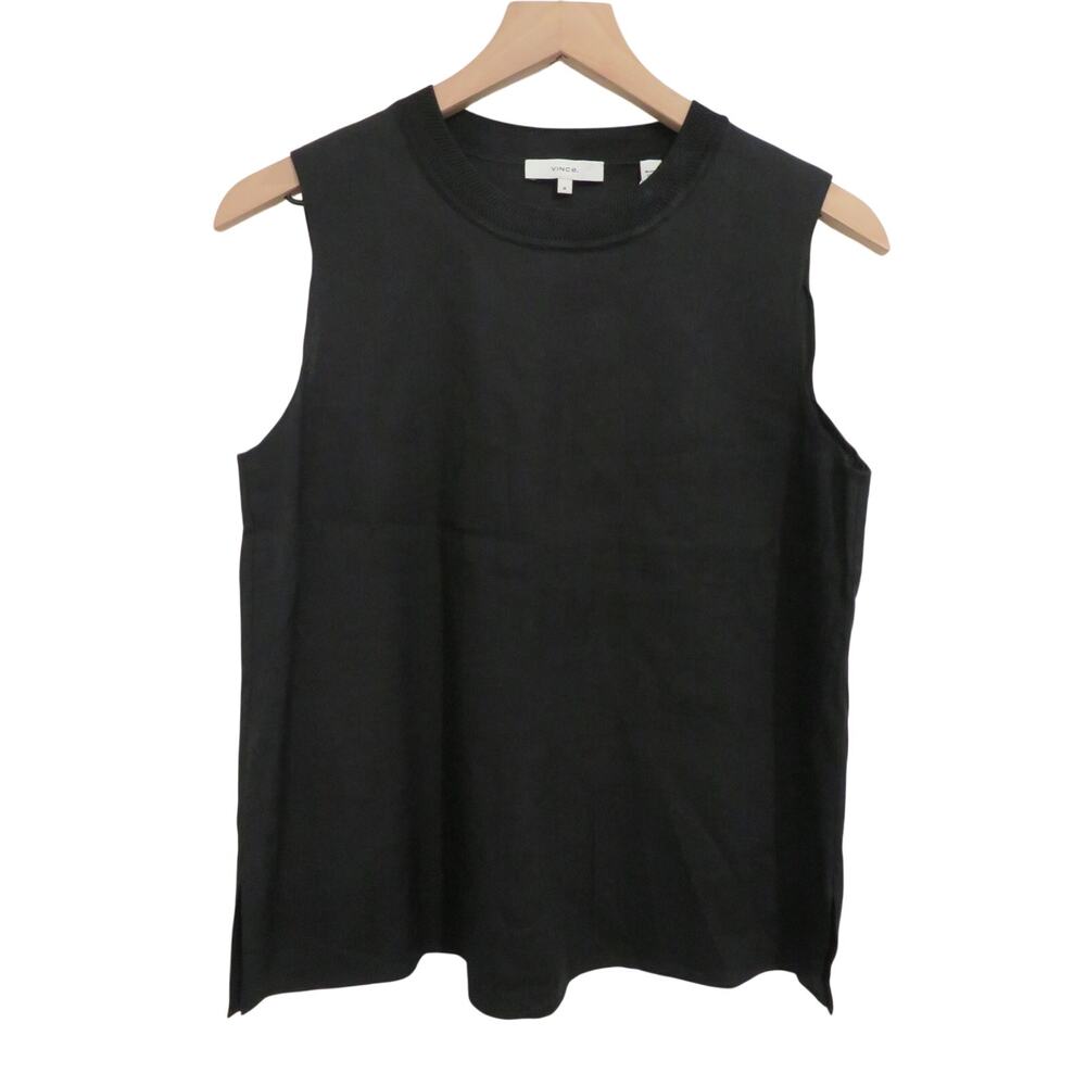 Vince Women Sz M Black Linen Sleeveless Tank Top Minimalist Capsule Wardrobe